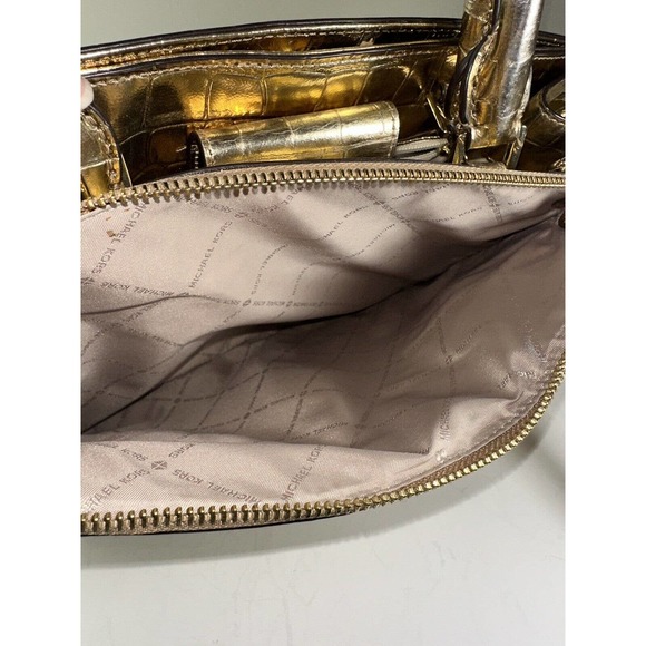 Michael Kors Gold Karla Satchel Shoulder Bag Handbag Purse Embossed Leather - Picture 6 of 16